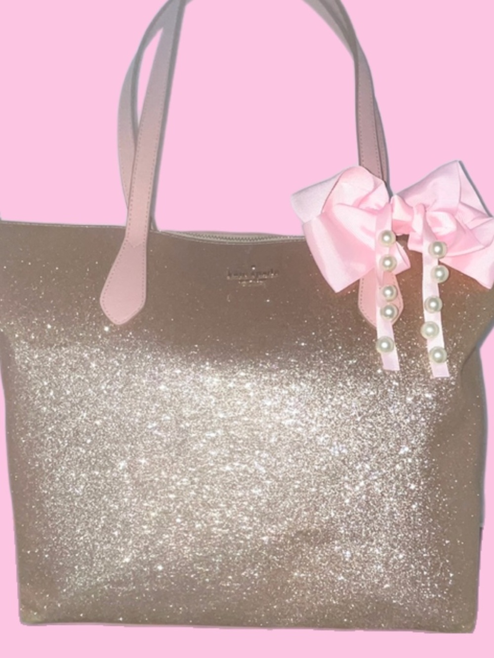 Kate Spade Joeley Large Glitter Tote in Rose Gold.